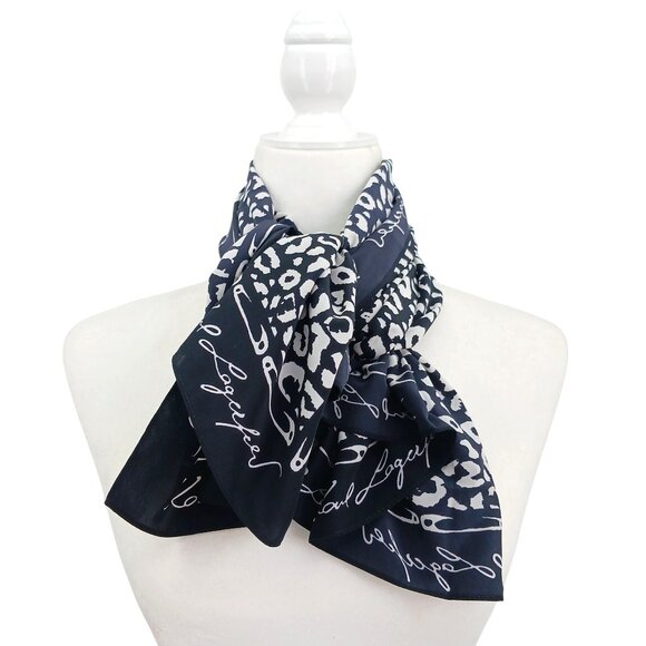 Karl Lagerfeld Leopard Print Scarf Black White With Safety Pin Border Square - Picture 2 of 3